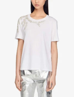 Sandro Rhinestone-embellished Cotton T-shirt -Ted Baker Store R00059640 NATURELS ALT02