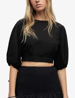 AllSaints Asta Cropped Woven Linen-blend Top -Ted Baker Store R03842381 BLACK ALT02
