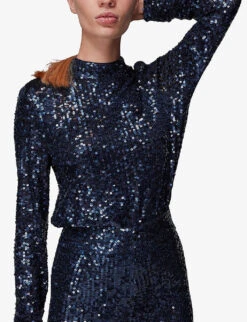 Whistles High-rise Sequin-embellished Stretch Recycled-polyester Midi Skirt -Ted Baker Store R03846036 NAVY ALT02