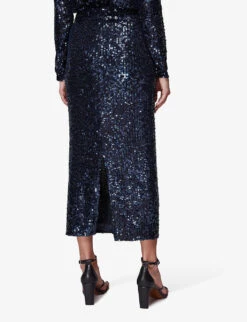 Whistles High-rise Sequin-embellished Stretch Recycled-polyester Midi Skirt -Ted Baker Store R03846036 NAVY ALT03