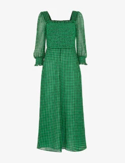 Whistles Lottie Gingham Check-print Shirred Crepe Midi Dress