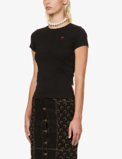 Marine Serre Logo-embroidered Fitted Organic-cotton T-shirt -Ted Baker Store R03936484 BLACK ALT02