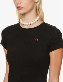 Marine Serre Logo-embroidered Fitted Organic-cotton T-shirt -Ted Baker Store R03936484 BLACK ALT04