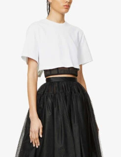 Alexander McQueen Cropped Bustier Cotton-jersey And Mesh T-shirt -Ted Baker Store R03951915 OPTICALWHITE ALT02