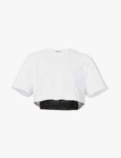 Alexander McQueen Cropped Bustier Cotton-jersey And Mesh T-shirt