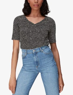 Whistles Ink Leopard-print Ruched Woven T-shirt -Ted Baker Store R03963065 BLACK ALT02