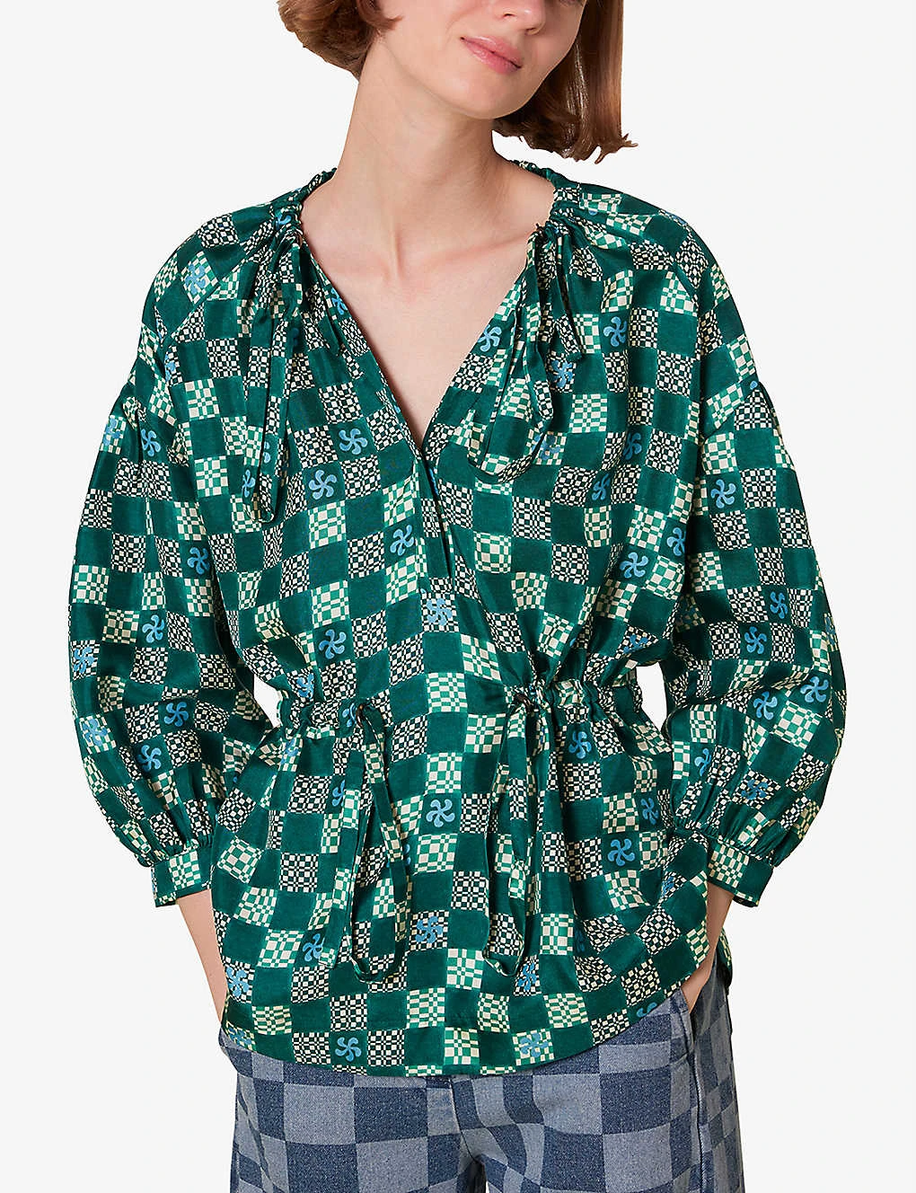 Whistles Checkerboard Adjustable-waist Silk Top 5 Whistles Checkerboard Adjustable-waist Silk Top - Image 3