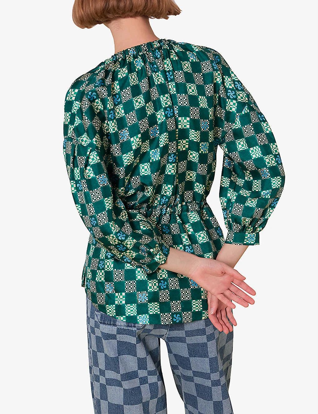 Whistles Checkerboard Adjustable-waist Silk Top 6 Whistles Checkerboard Adjustable-waist Silk Top - Image 4