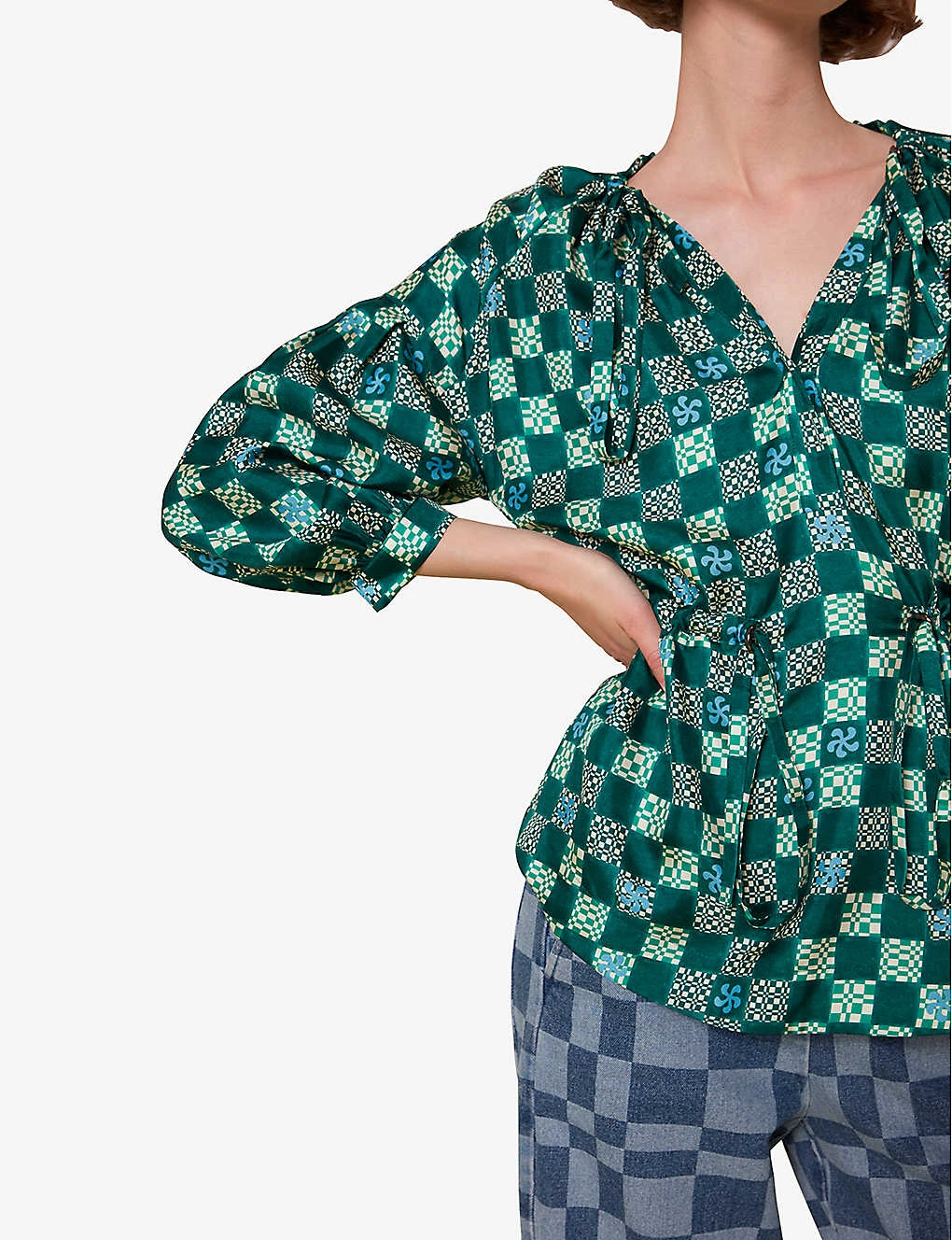 Whistles Checkerboard Adjustable-waist Silk Top 7 Whistles Checkerboard Adjustable-waist Silk Top - Image 5