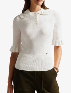 Ted Baker Kebella Frilled-collar Ribbed-knit Polo Shirt -Ted Baker Store R03999041 WHITE ALT02