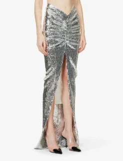 ALAIA Sequin-embellished Gathered Stretch-woven Maxi Skirt -Ted Baker Store R04076347 ARGENT ALT02