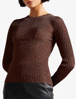 Ted Baker Sherriy Metallic-thread Ribbed-knit Top -Ted Baker Store R04080649 CAMEL ALT02