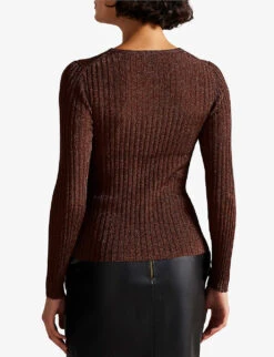 Ted Baker Sherriy Metallic-thread Ribbed-knit Top -Ted Baker Store R04080649 CAMEL ALT03