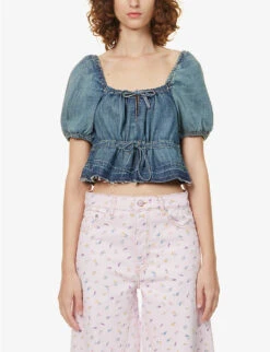 Ganni Puff-sleeve Peplum-hem Organic-cotton Top -Ted Baker Store R04083967 TINTWASH ALT02