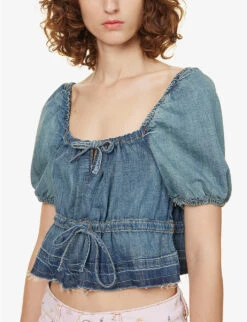 Ganni Puff-sleeve Peplum-hem Organic-cotton Top -Ted Baker Store R04083967 TINTWASH ALT04