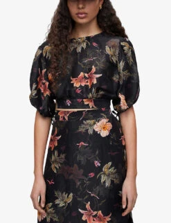AllSaints Asta Viviana Floral-print Linen And Silk-blend Top -Ted Baker Store R04087339 BLACK ALT02