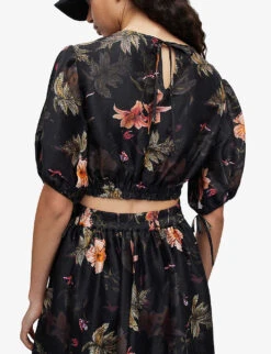 AllSaints Asta Viviana Floral-print Linen And Silk-blend Top -Ted Baker Store R04087339 BLACK ALT03