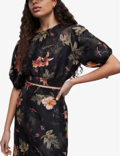 AllSaints Asta Viviana Floral-print Linen And Silk-blend Top -Ted Baker Store R04087339 BLACK ALT04