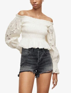 AllSaints Lara Off-the-shoulder Broderie-embellished Regular-fit Cotton Top -Ted Baker Store R04087386 CHALKWHITE ALT02