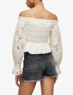 AllSaints Lara Off-the-shoulder Broderie-embellished Regular-fit Cotton Top -Ted Baker Store R04087386 CHALKWHITE ALT03