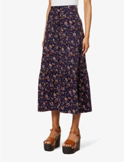 ME AND EM Jacobean Graphic-print Cotton Midi Skirt -Ted Baker Store R04094233 INDIGOYELLOWBROWN ALT02