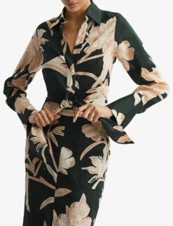 Reiss Dahlia-print Tie-front Linen Blouse -Ted Baker Store R04095947 KHAKI ALT02