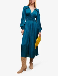 Maje Riannette Balloon-sleeved V-neck Satin Midi Dress -Ted Baker Store R04101879 VERTS ALT01