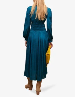 Maje Riannette Balloon-sleeved V-neck Satin Midi Dress -Ted Baker Store R04101879 VERTS ALT03