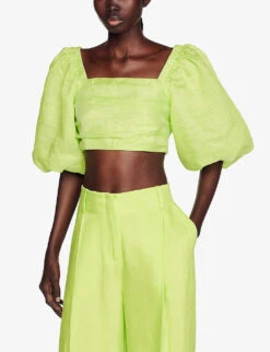 Sandro Puff-sleeve Linen-blend Cropped Top -Ted Baker Store R04102371 VERTS ALT02
