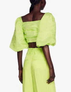 Sandro Puff-sleeve Linen-blend Cropped Top -Ted Baker Store R04102371 VERTS ALT03