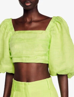 Sandro Puff-sleeve Linen-blend Cropped Top -Ted Baker Store R04102371 VERTS ALT04