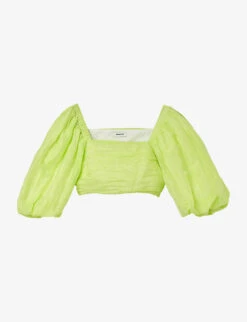 Sandro Puff-sleeve Linen-blend Cropped Top