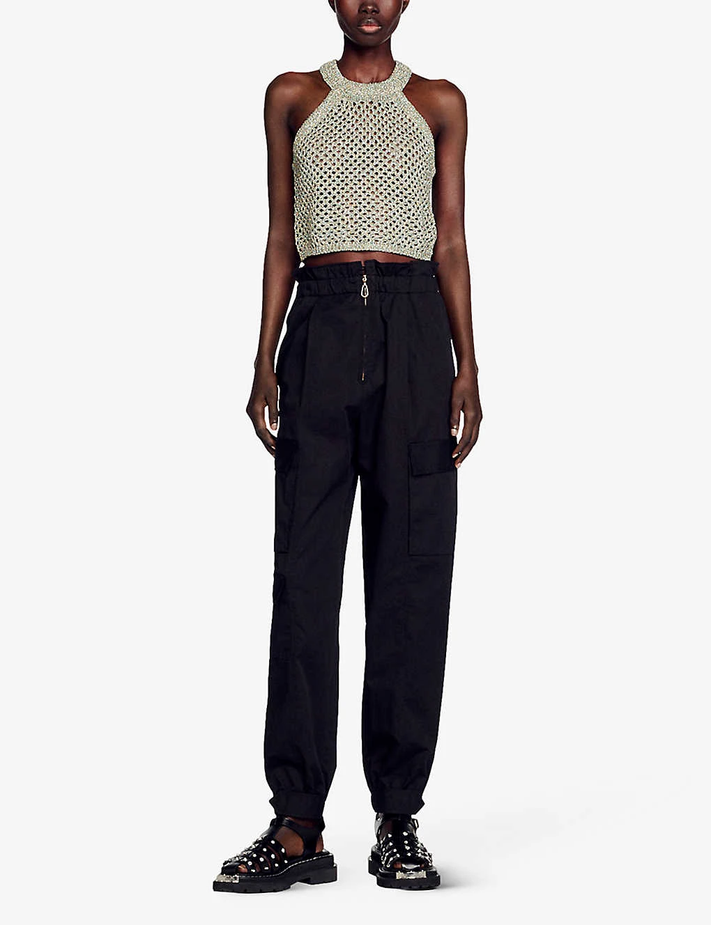Sandro Metallic-knit Open-work Crochet Cropped Top 4 Sandro Metallic-knit Open-work Crochet Cropped Top - Image 2