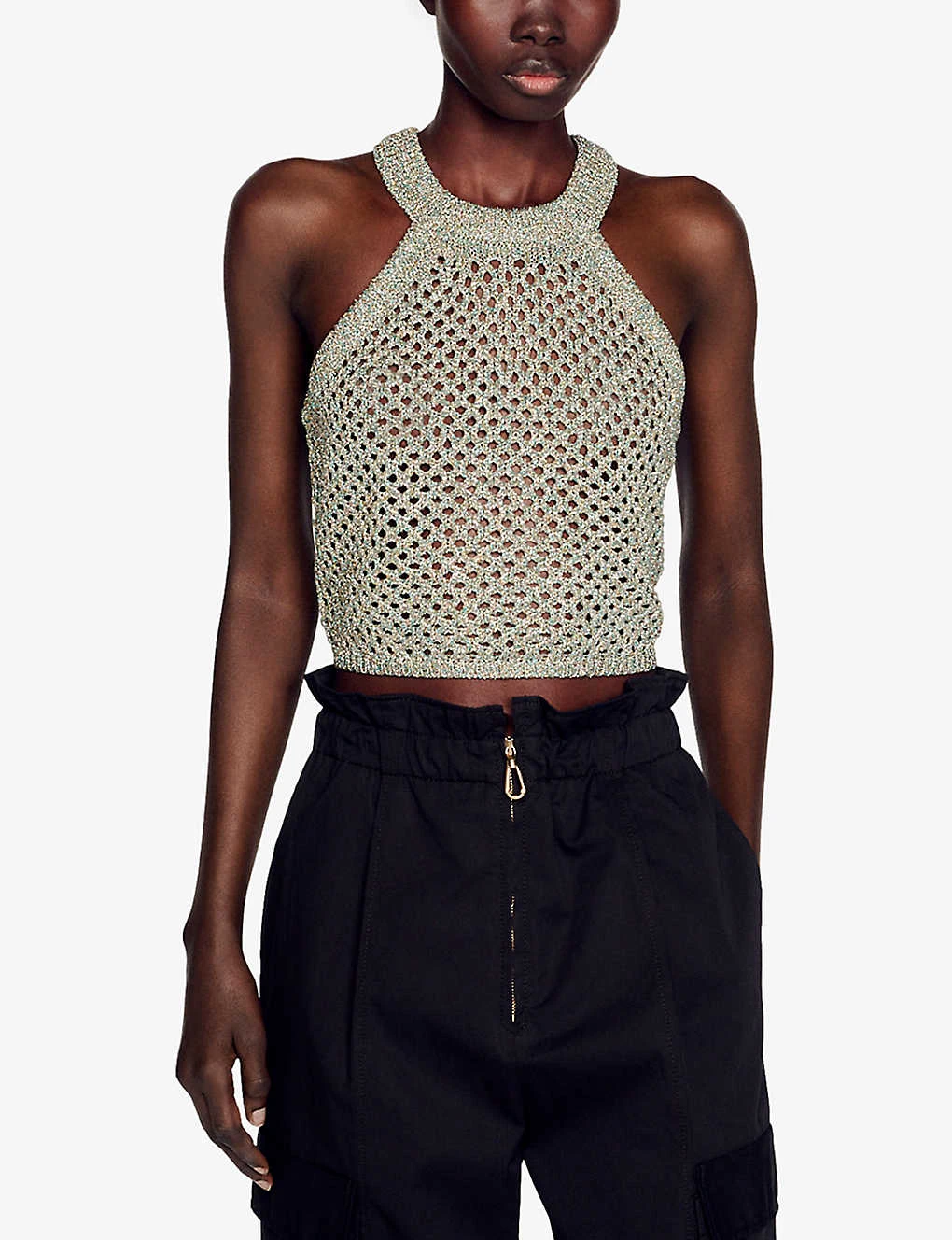 Sandro Metallic-knit Open-work Crochet Cropped Top 6 Sandro Metallic-knit Open-work Crochet Cropped Top - Image 4