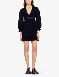 Sandro Ombre Balloon-sleeved V-neck Stretch-knit Mini Dress -Ted Baker Store R04102489 NOIRGRIS ALT02