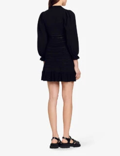 Sandro Ombre Balloon-sleeved V-neck Stretch-knit Mini Dress -Ted Baker Store R04102489 NOIRGRIS ALT03