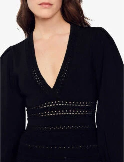 Sandro Ombre Balloon-sleeved V-neck Stretch-knit Mini Dress -Ted Baker Store R04102489 NOIRGRIS ALT04