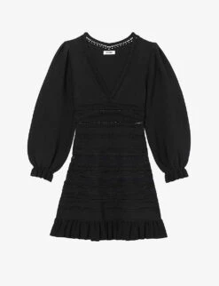 Sandro Ombre Balloon-sleeved V-neck Stretch-knit Mini Dress