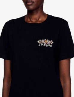 Sandro Logo Crystal-embellished Cotton T-shirt -Ted Baker Store R04102642 NOIRGRIS ALT04
