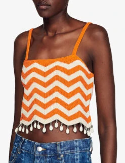 Sandro Cassandre Cropped Embellished Bread-trim Woven Top 11 Sandro Cassandre Cropped Embellished Bread-trim Woven Top -Ted Baker Store R04102695 JAUNESORANGES ALT04