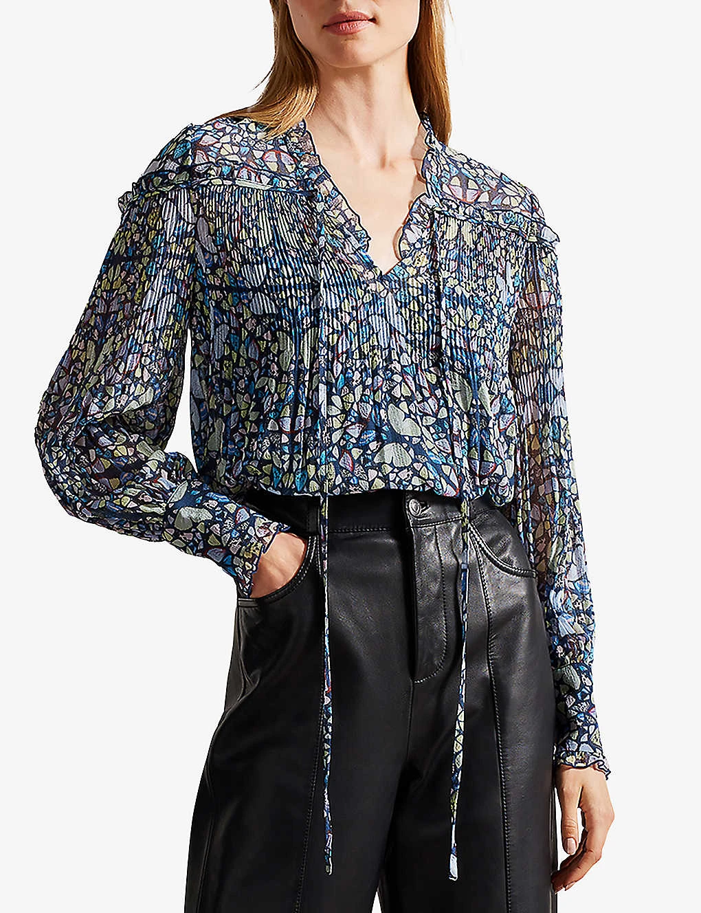 Ted Baker Florrei Kaleidoscopic-print Pleated Recycled Polyester-blend Blouse 5 Ted Baker Florrei Kaleidoscopic-print Pleated Recycled Polyester-blend Blouse - Image 3