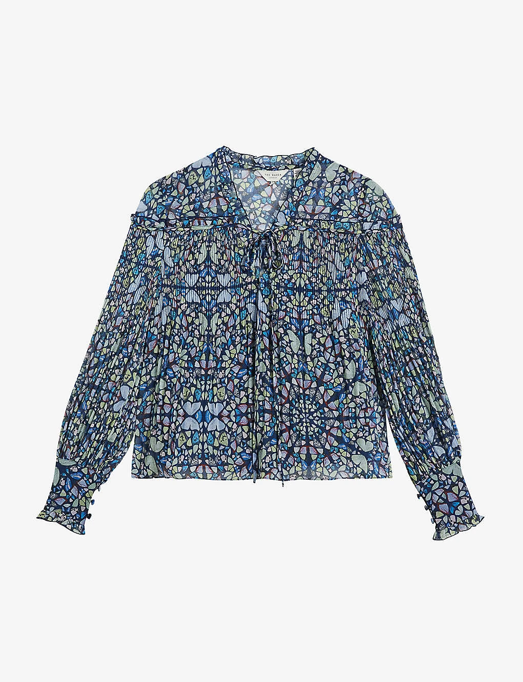 Ted Baker Florrei Kaleidoscopic-print Pleated Recycled Polyester-blend Blouse 3 Ted Baker Florrei Kaleidoscopic-print Pleated Recycled Polyester-blend Blouse