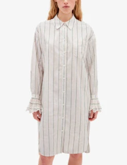 CLAUDIE PIERLOT Rosalina Stripe-pattern Ruffled-cuffs Cotton-linen Blend Midi Dress -Ted Baker Store R04103406 DIVERS ALT04