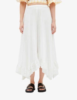 CLAUDIE PIERLOT Elode Asymmetric-hem Embroidered-trim Pleated Woven Midi Skirt -Ted Baker Store R04104834 NATURELS ALT02