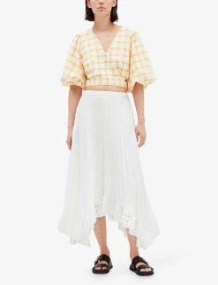 CLAUDIE PIERLOT Elode Asymmetric-hem Embroidered-trim Pleated Woven Midi Skirt -Ted Baker Store R04104834 NATURELS ALT04