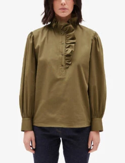 CLAUDIE PIERLOT Ruffle-trim Stretch-cotton Blouse -Ted Baker Store R04107655 VERTS ALT02