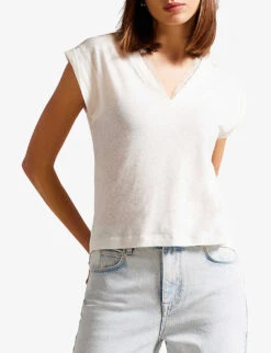 Ted Baker Effiy Lace-trimmed V-neck Linen And Cotton-blend T-shirt 8 Ted Baker Effiy Lace-trimmed V-neck Linen And Cotton-blend T-shirt -Ted Baker Store R04122373 WHITE ALT02