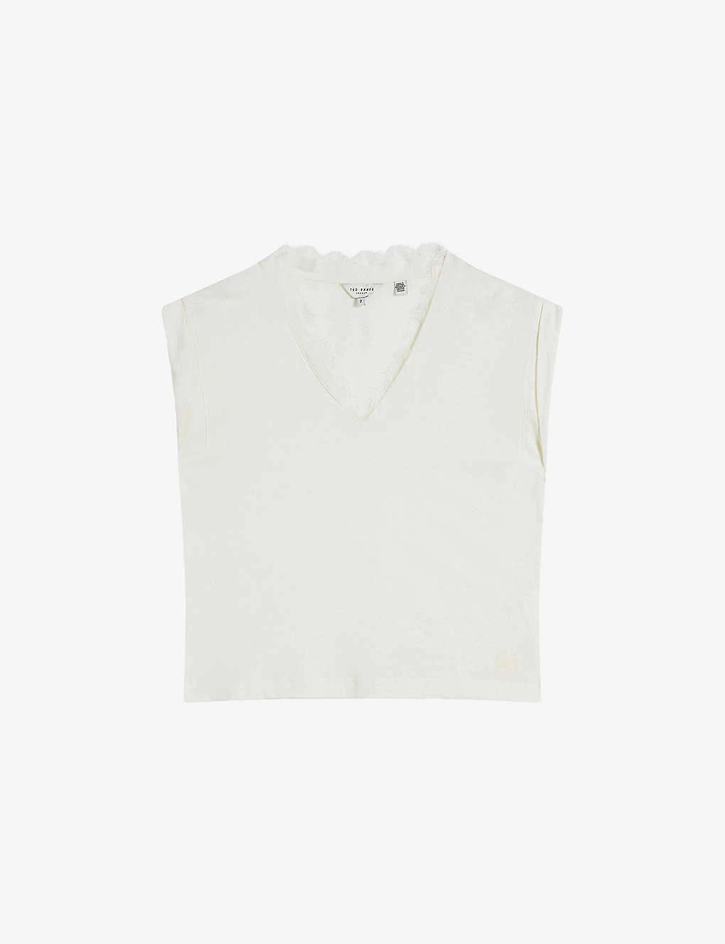 Ted Baker Effiy Lace-trimmed V-neck Linen And Cotton-blend T-shirt 3 Ted Baker Effiy Lace-trimmed V-neck Linen And Cotton-blend T-shirt