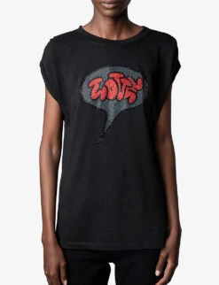 Zadig & Voltaire Adele Crystal-embellished-logo Cotton-blend T-shirt -Ted Baker Store R04126796 NOIR ALT02