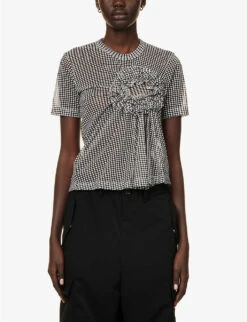 Check-patterned Ruched-appliqué Regular-fit Woven Top -Ted Baker Store R04127327 BLACKXWHITE ALT02